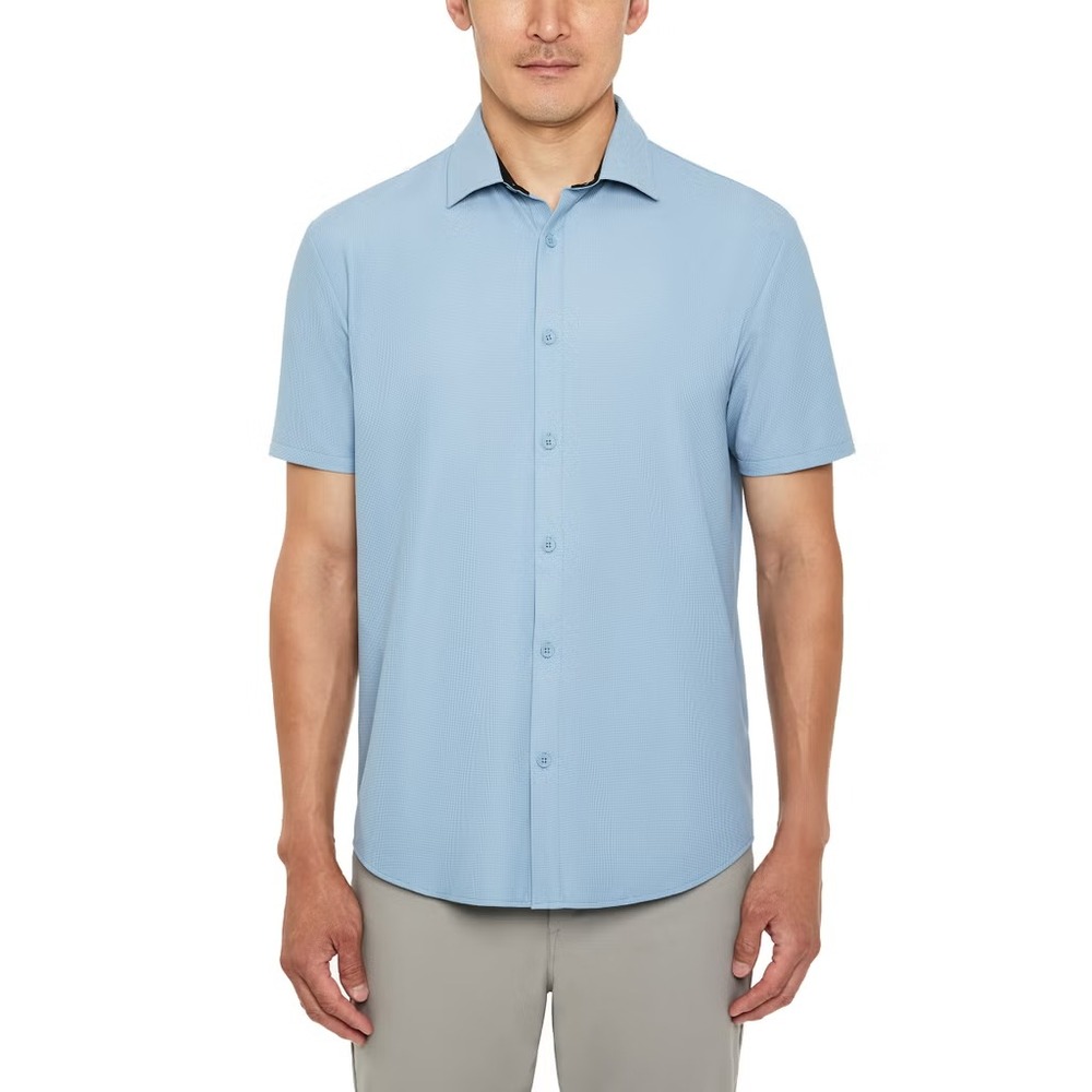 Kenneth Cole Mens Short Sleeve Woven Shirt Blue Slim Fit Stretch XL